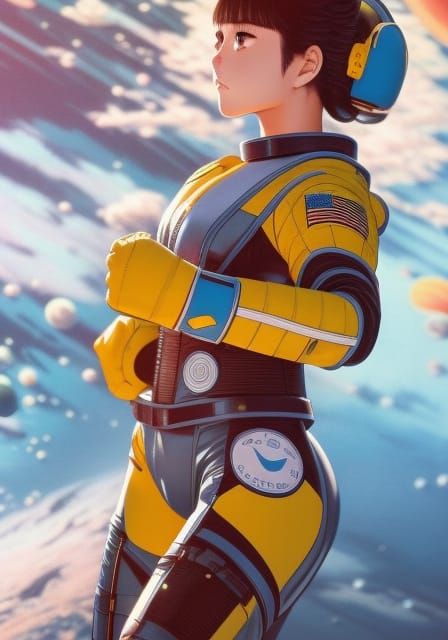 „a manga girl in spacesuit poses in front of the earth"; in the style of detailed comic book art