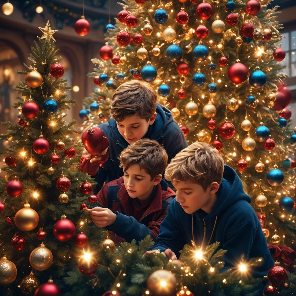 Festive Christmas Scene with Boys Decorating Tree