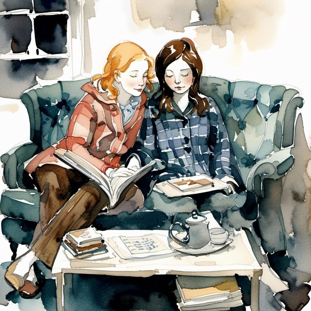 Cozy Couple Snuggling in Ink and Watercolor Illustration