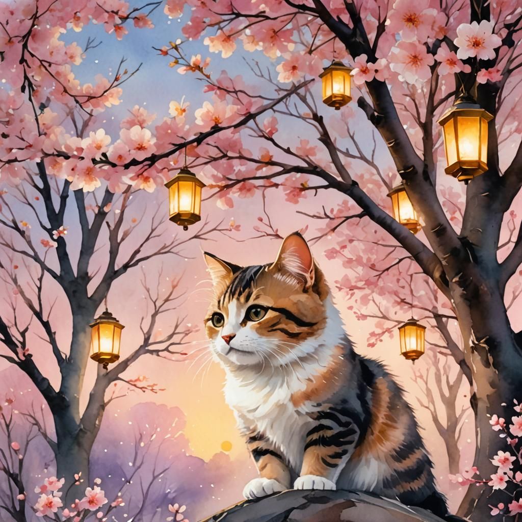 A Cat under Sakura Trees