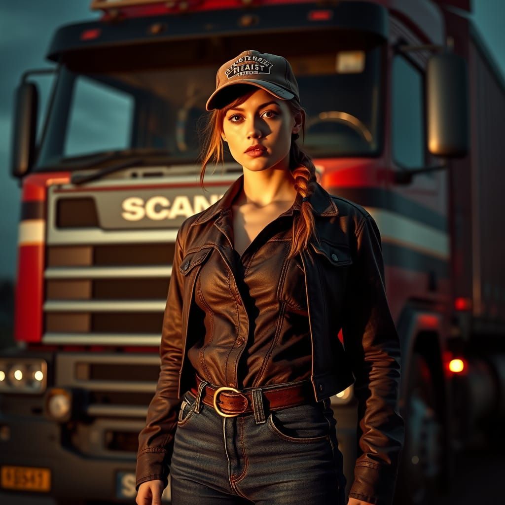 80s Female Trucker with Scania Truck