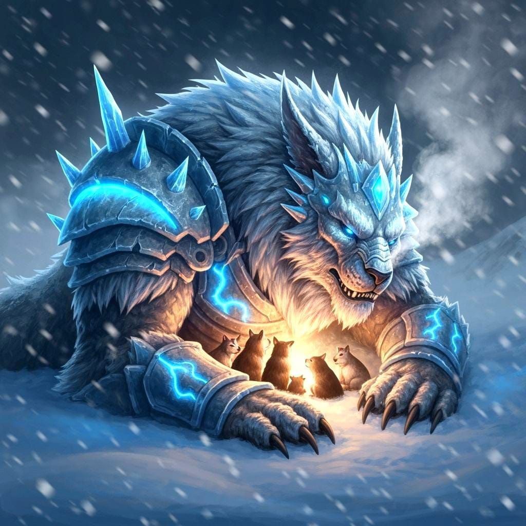 Icy Beast Shelters Animals in Blizzard, Arctic Fantasy