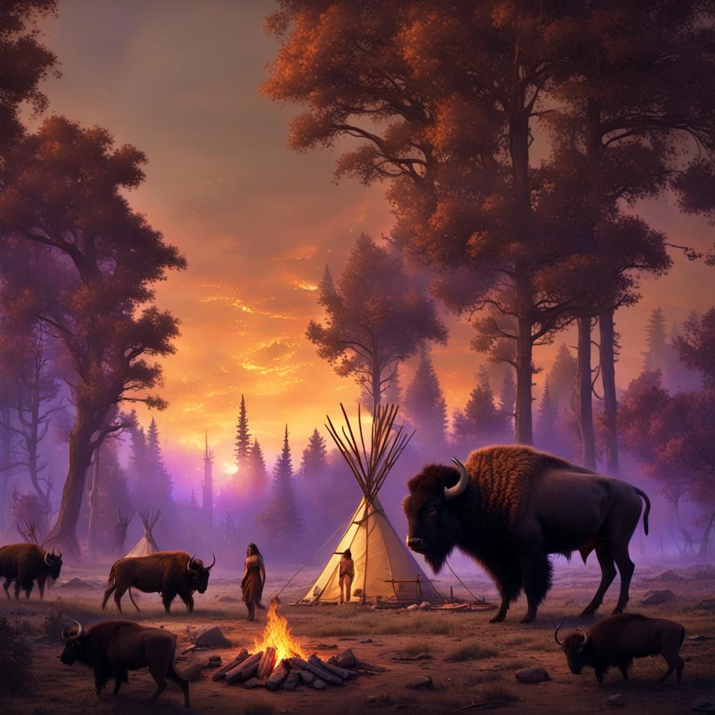 Native American Scene with Buffalo: Dark Fantasy Concept Art
