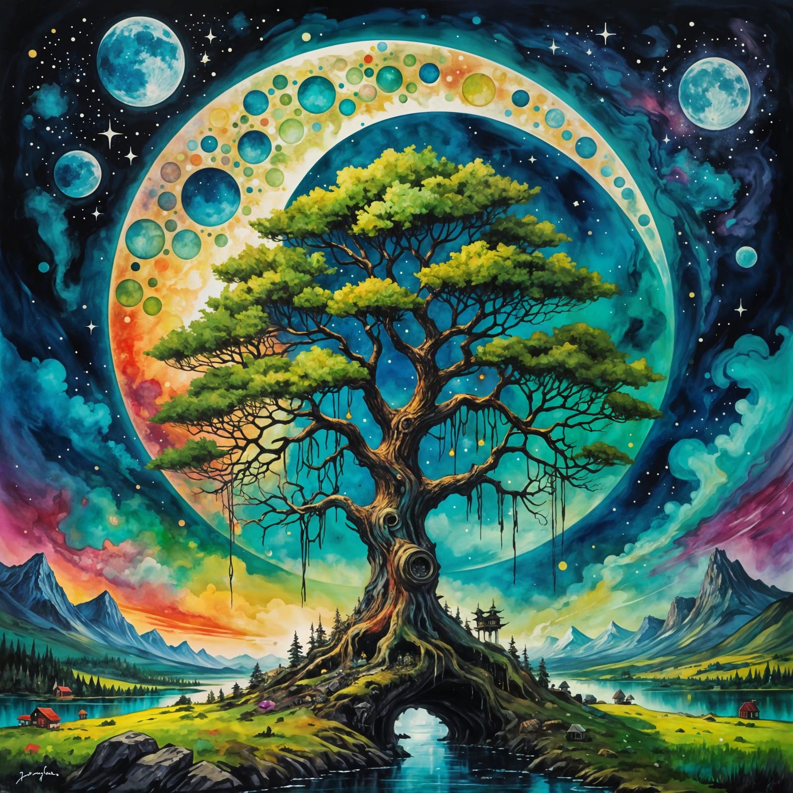 Psychedelic Bonsai Tree Under Aurora Borealis