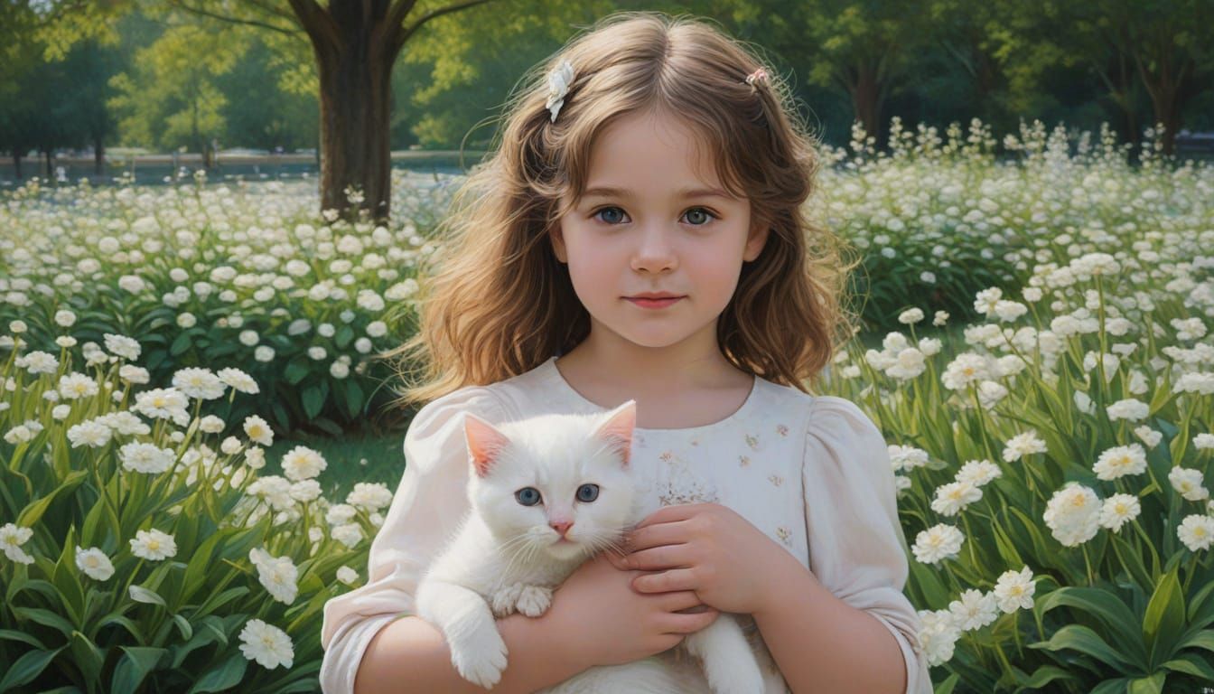 Cute Girl With Kitten in Flower-Filled Park
