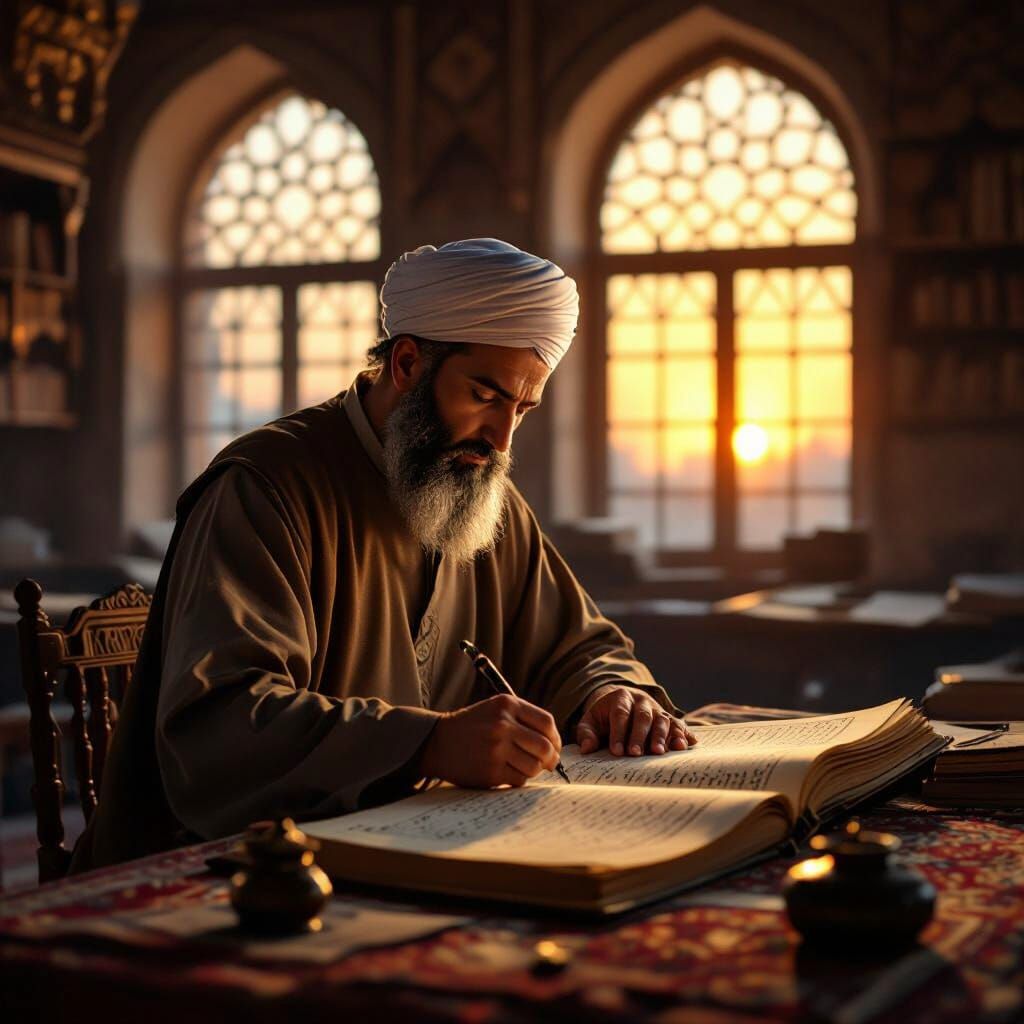 Imam Bukhari Writing Hadiths in Ancient School