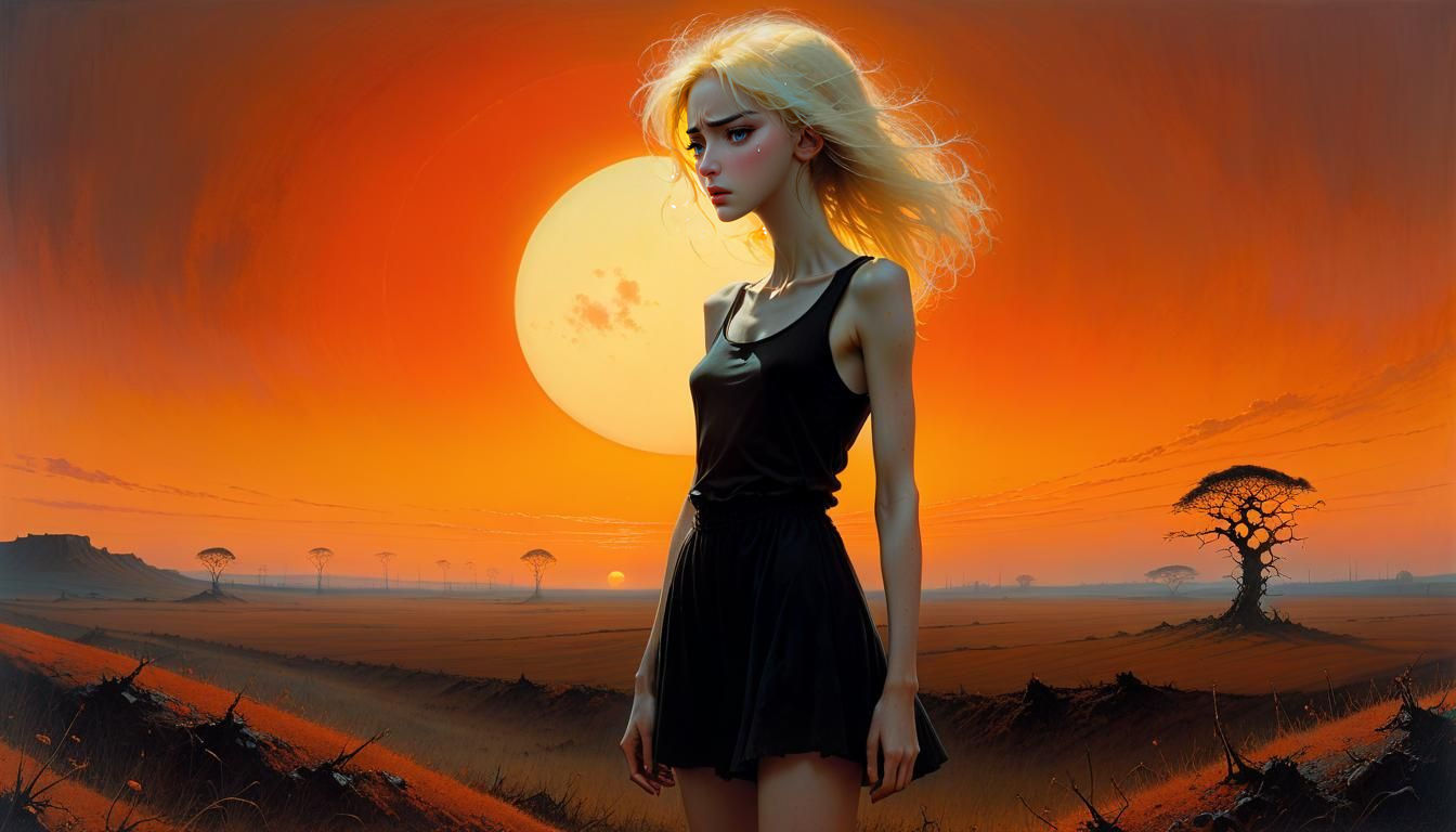 Beautiful Woman at Sunset in Surrealist Style