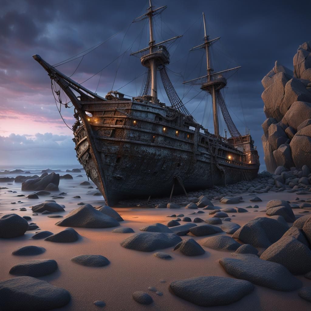 Sunken Ship on Rocky Beach at Twilight: Hyperrealistic 4D