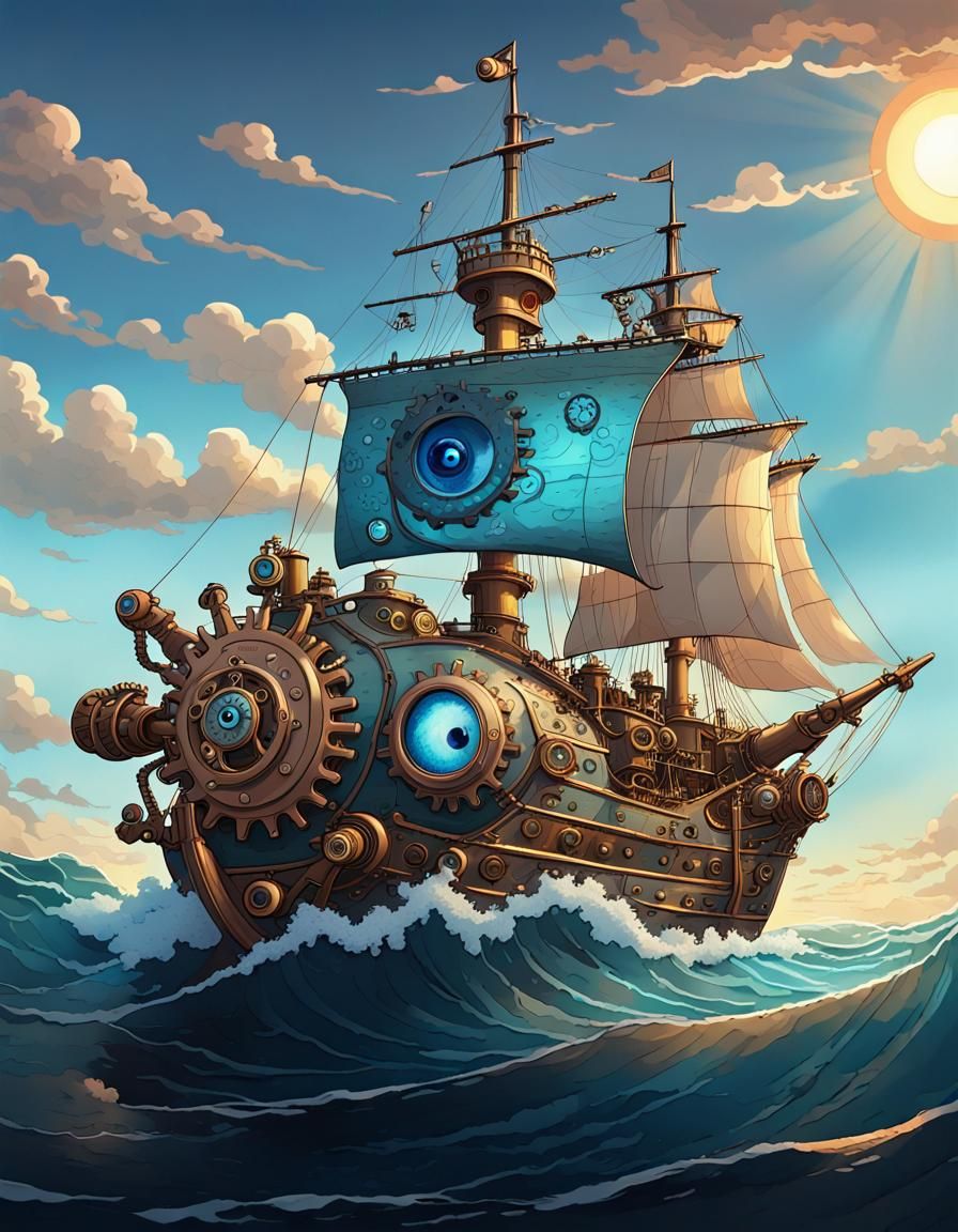 Whimsical Steampunk Ship Sailing at Sunset