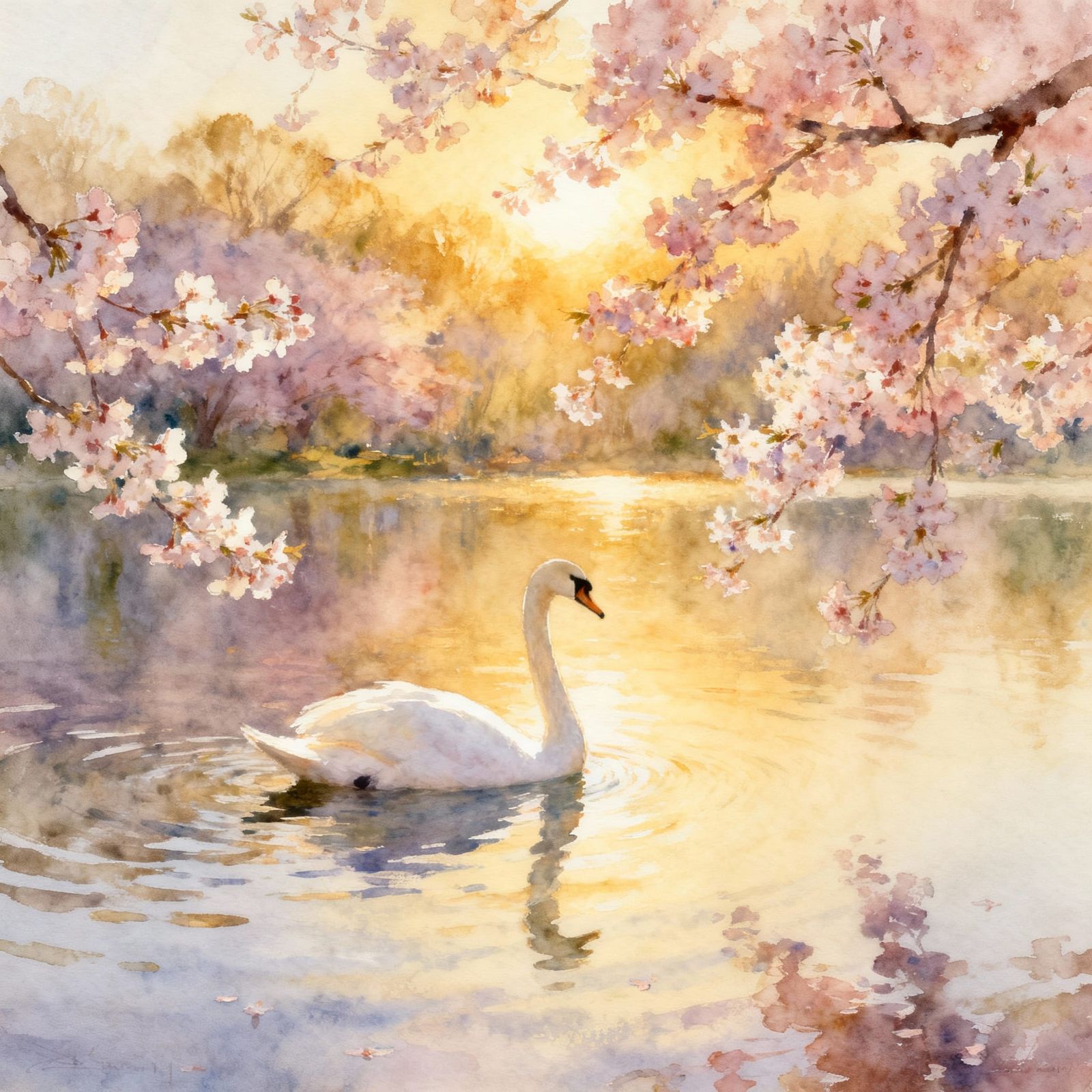 Peaceful Swan Amidst Cherry Blossoms in Watercolor Style