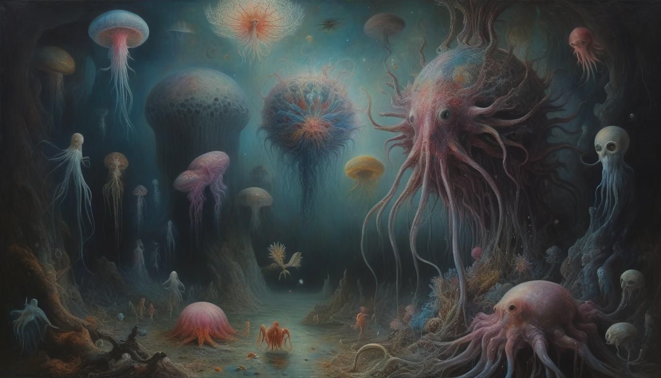 Surreal Dreamscape with Strange Inhabitants, Oil on Canvas