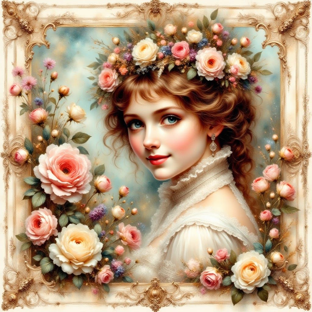 Surreal Floral Portrait with Vintage Frame
