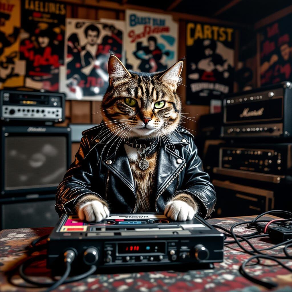 Gen X Cat Jams to Cassette Player in Grungy Garage