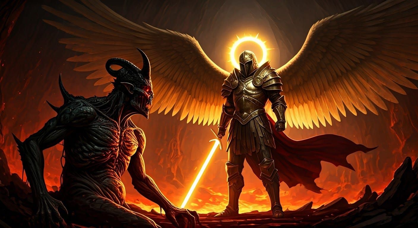 Cyberpunk-Style Demon Confronts Archangel Michael in Hellish...