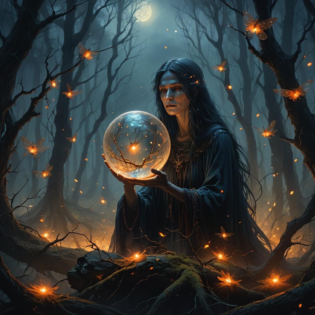 Eerie Witch Gazing into Crystal Ball in Dark Forest
