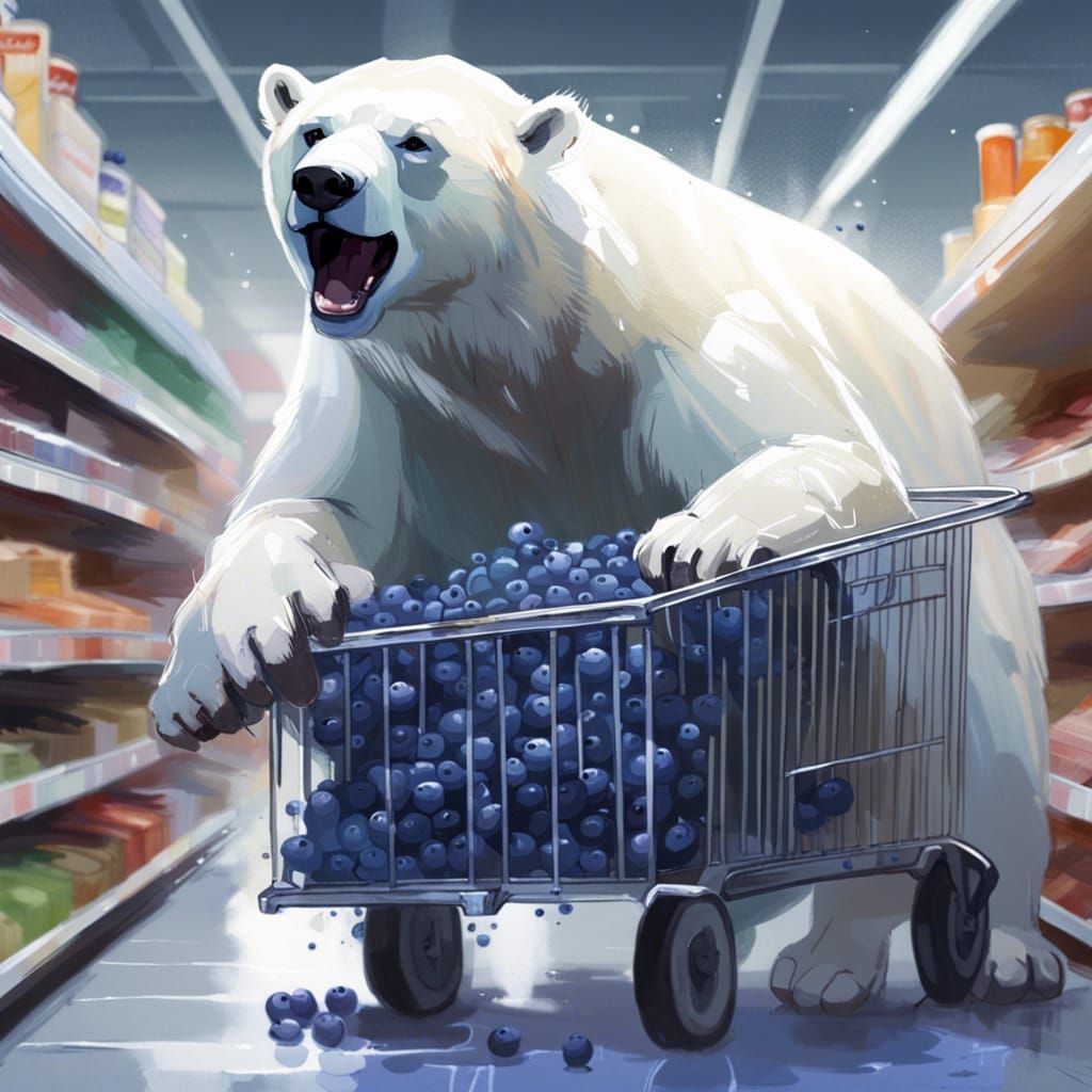 Polar Bear Shopping for Blueberries in Grocery Store