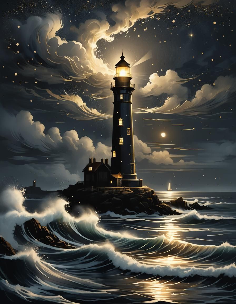 Lighthouse standing tall by the waterfront, bathed in the soft glow of a starlit night.
