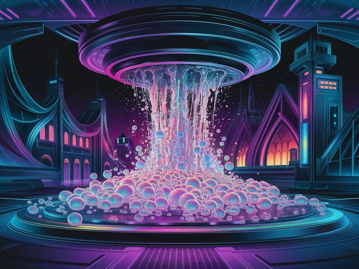 Teslapunk Spaceship Station with Rainbow Bubble Fountain