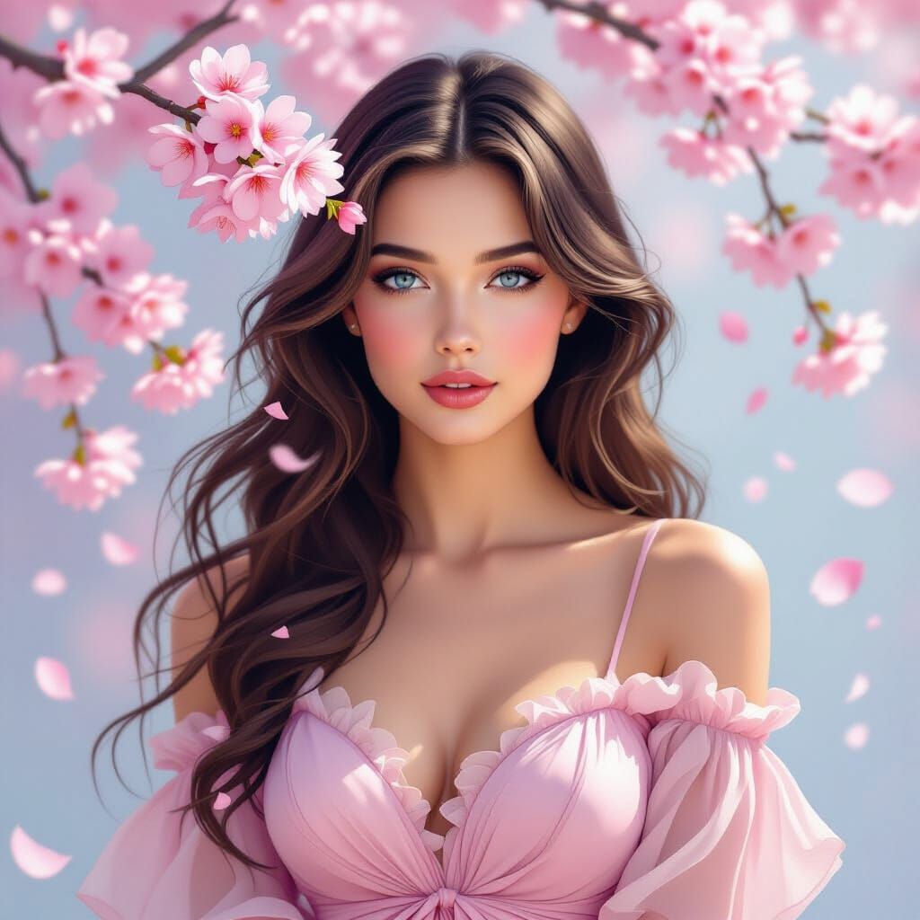 Ethereal Woman in Cherry Blossom Dress