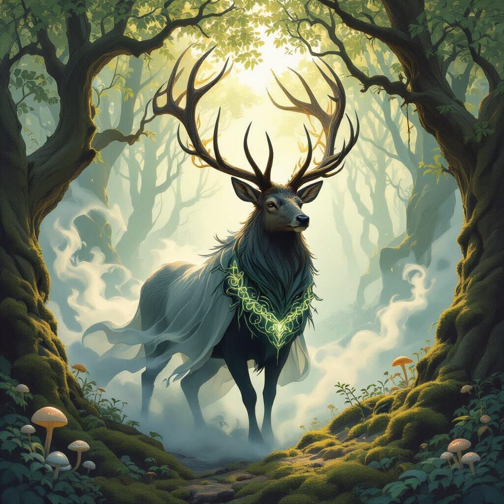 Mystical Druid Stag in Ancient Forest