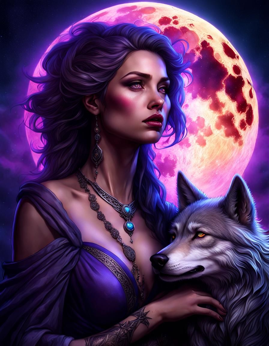 Fantasy Fusion: Moon, Wolf, and Tattooed Woman