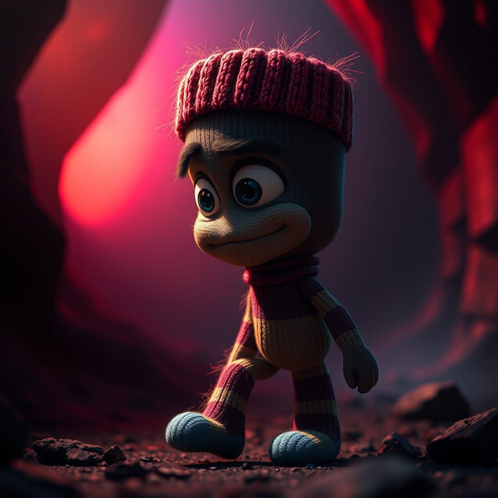 Animated Sock Character in Dark Realm