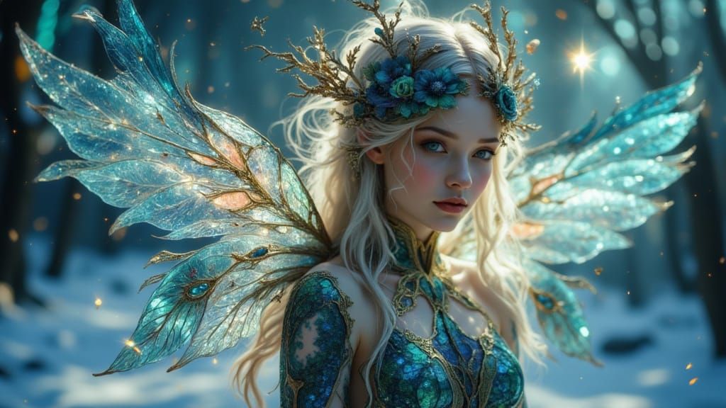 Winter Goddess of Nebulae and Snowflakes in Fairypunk Style