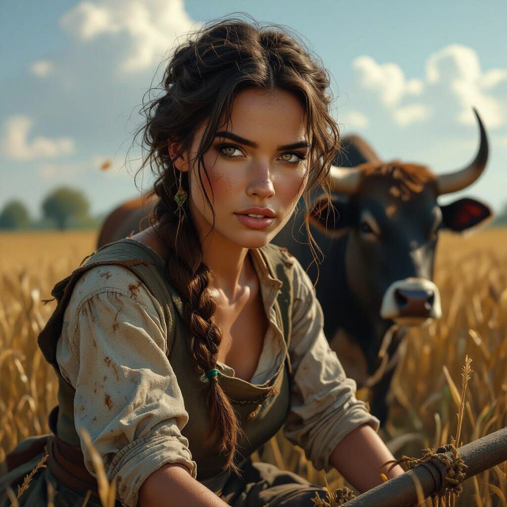 Weathered Woman Plowing Field with Oxen in Dramatic Light