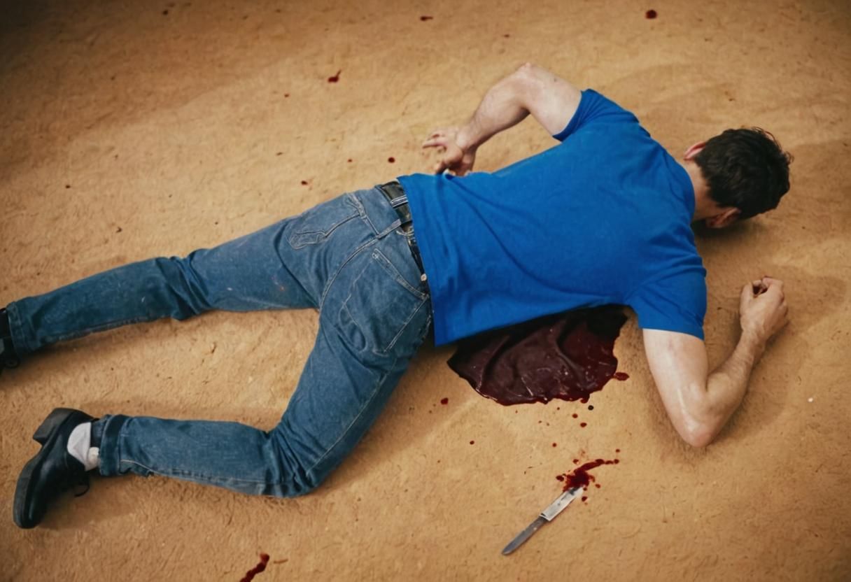 Dramatic Film Still of Young Man Lying Dead