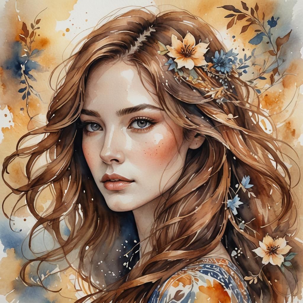 Ethereal Woman Portrait in Watercolor and Ink