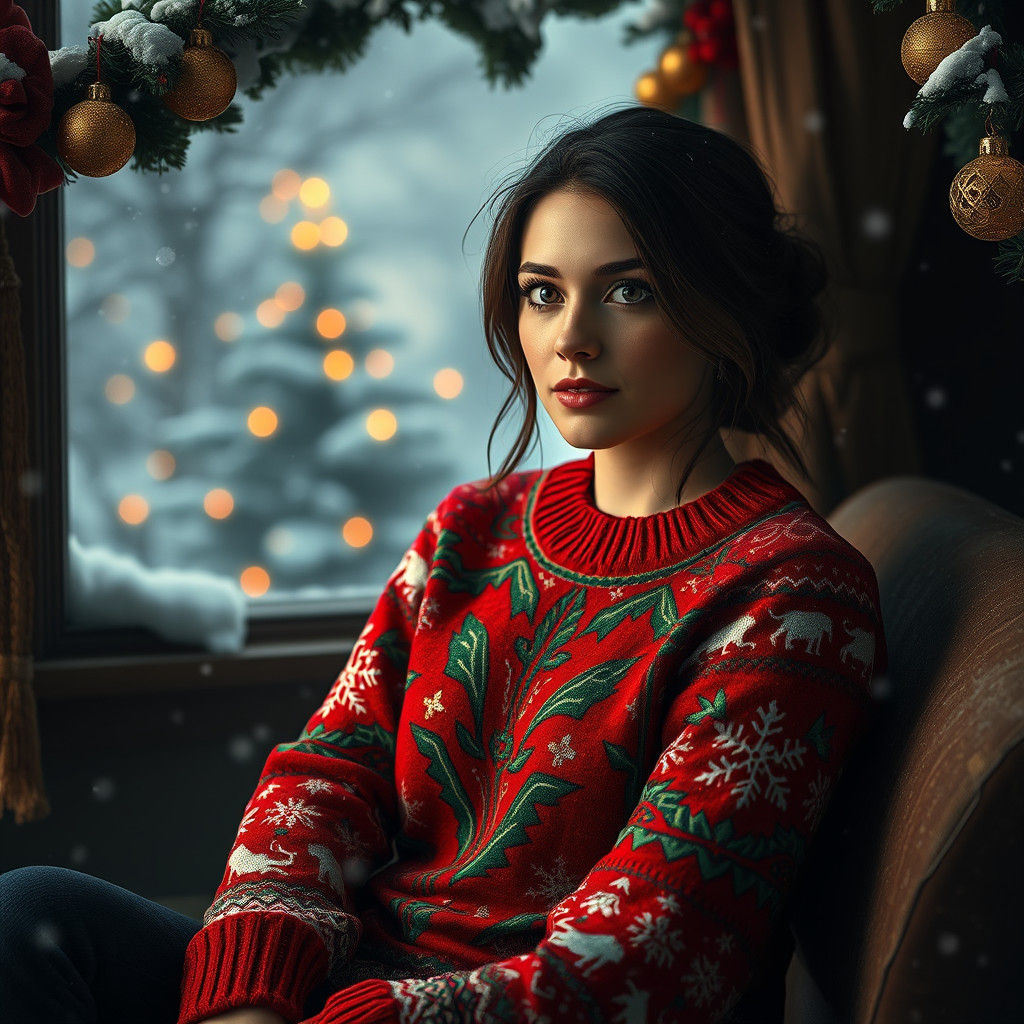 Brunette Woman in Christmas Sweater, Digital Matte Painting