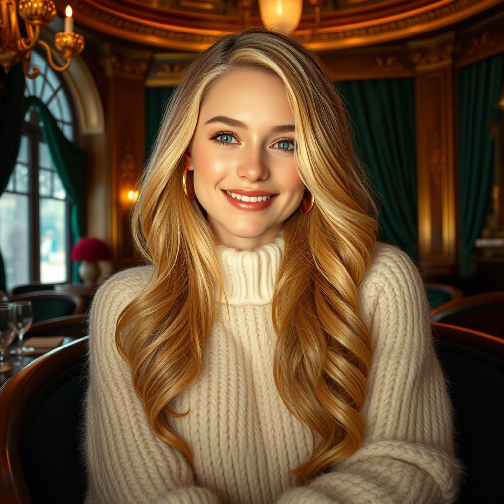 Ethereal Woman in Cream-Colored Sweater, Golden Locks, and O...