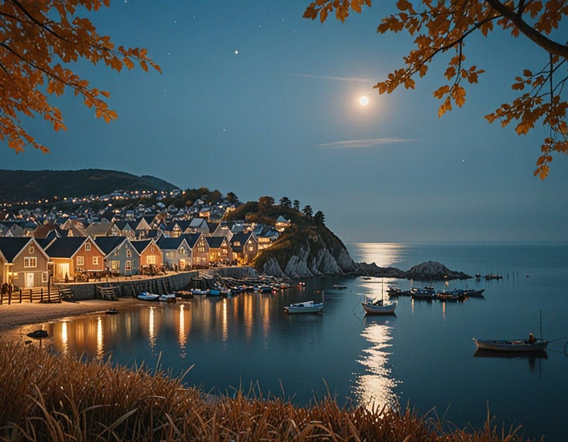 Autumn Fishing Village Under Harvest Moon