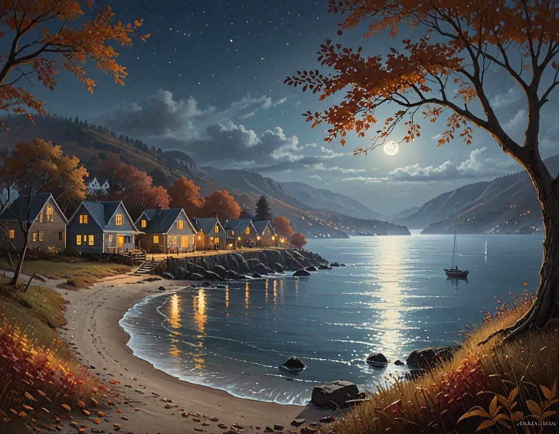 Autumn Moonlit Fishing Village Coastal Vista Oil Painting