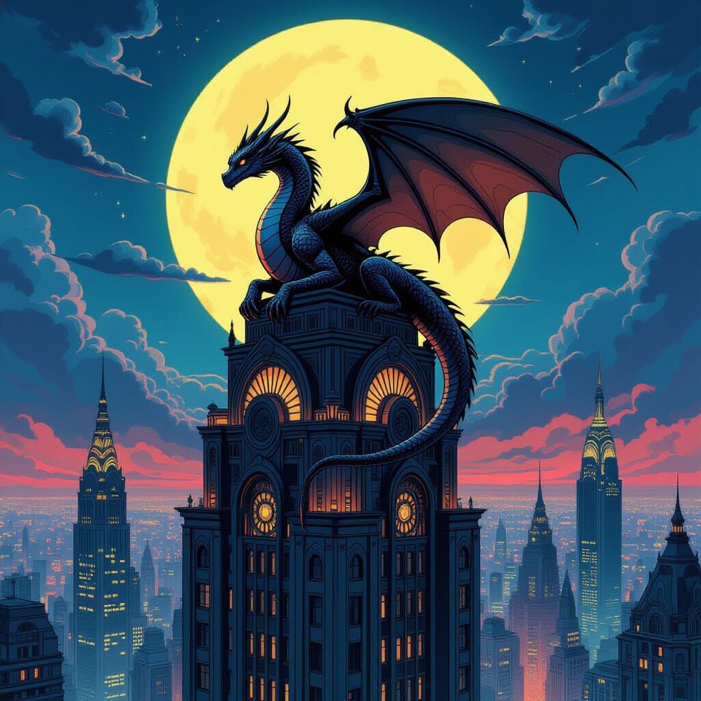 Ancient Dragon on Art Nouveau Skyscraper Overlooking Dreamli...