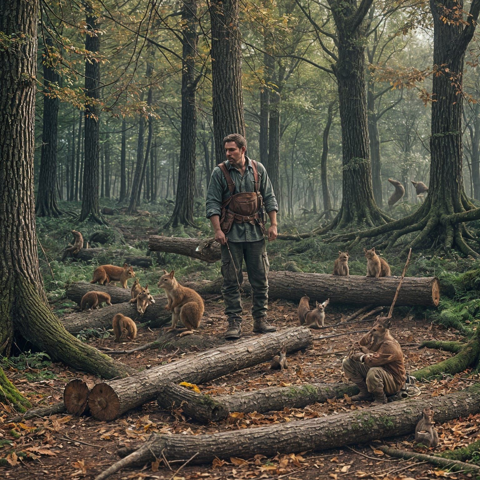Woodcutter Scene with Sad Squirrels: Digital Matte Painting