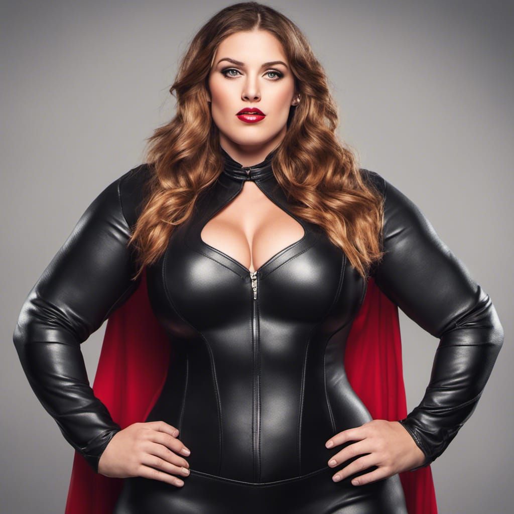 Voluptuous Superheroine in Leather Bodysuit