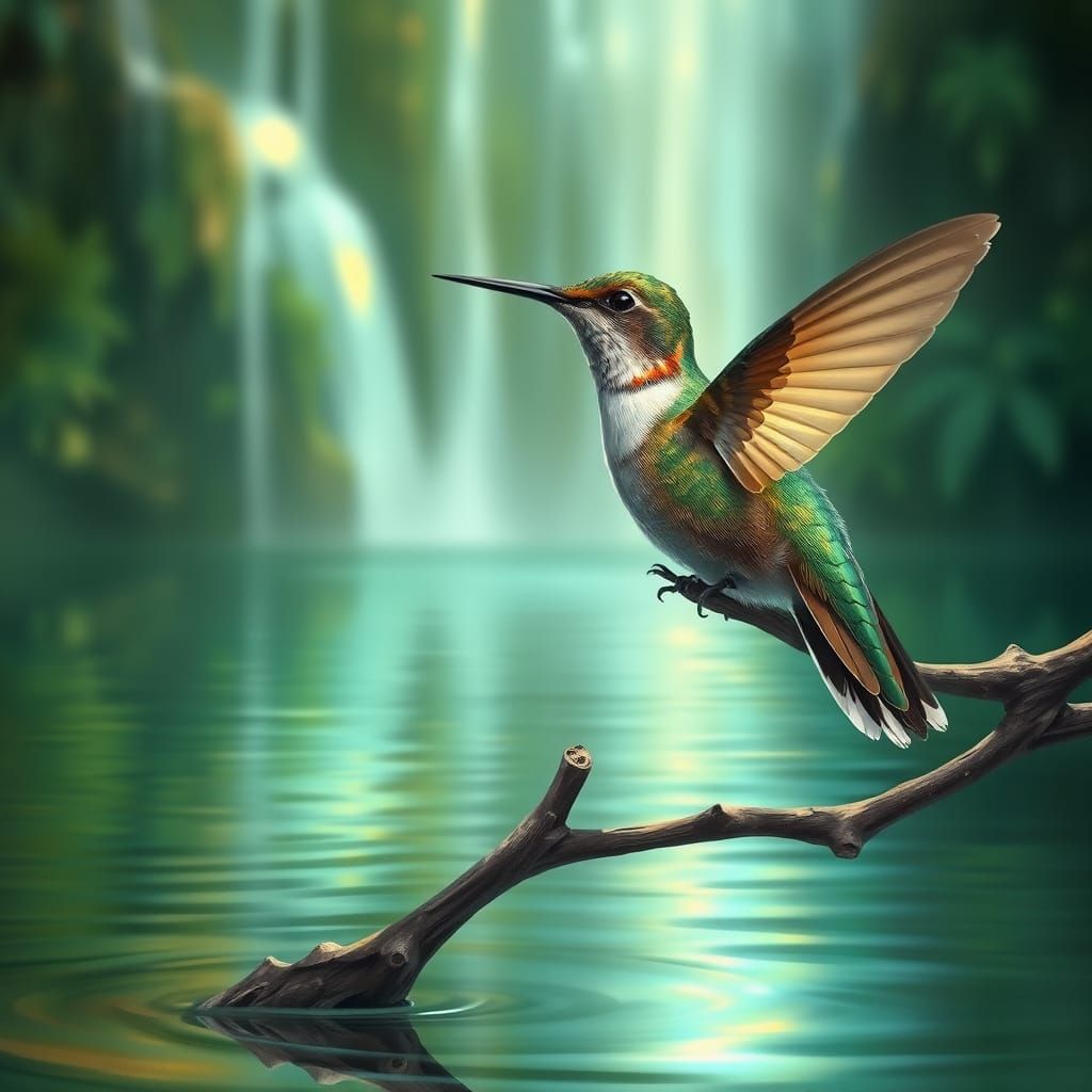 Hummingbird with Bioluminescent Waterfall: Digital Impressio...
