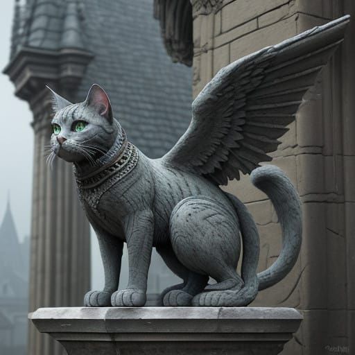 Gray Cat Reigns Over Eastern European Library Roof in Gothic...