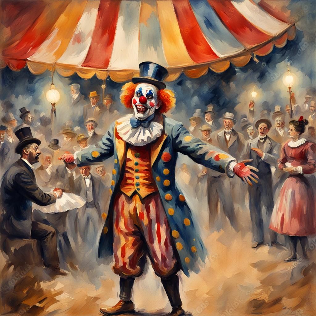 1890 Scary Circus Clown Act in Gouache Style, Watercolor, Museum Epic Impressionist Maximalist Masterpiece, Thick Brush ...