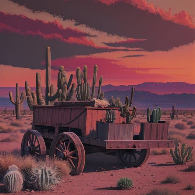 Old Western Wagon in Desert Landscape - Oil Painting