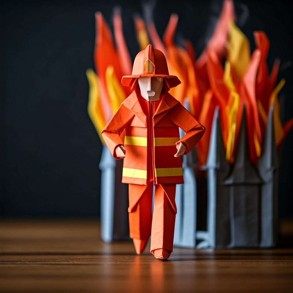 Origami Firefighter Rushes to Burning Building