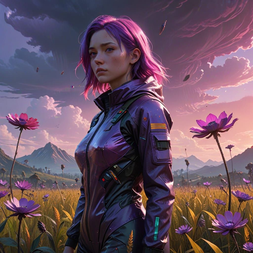 Young Woman in Alien Field with Neon Hair