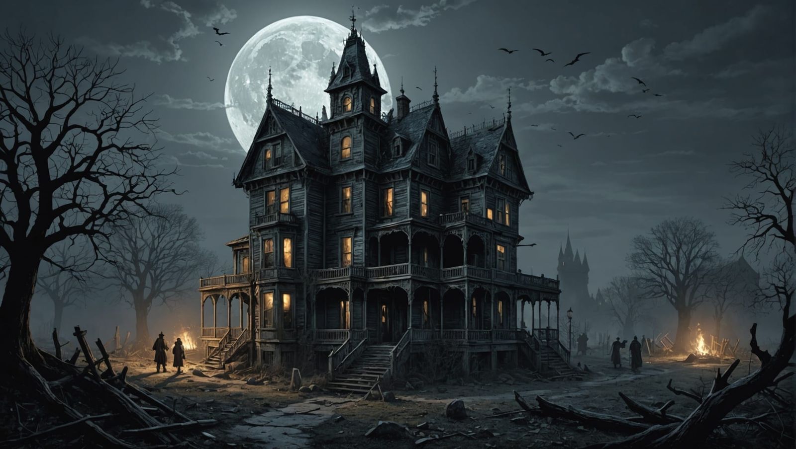 Haunted House Under Rising Moon in Engraving Style