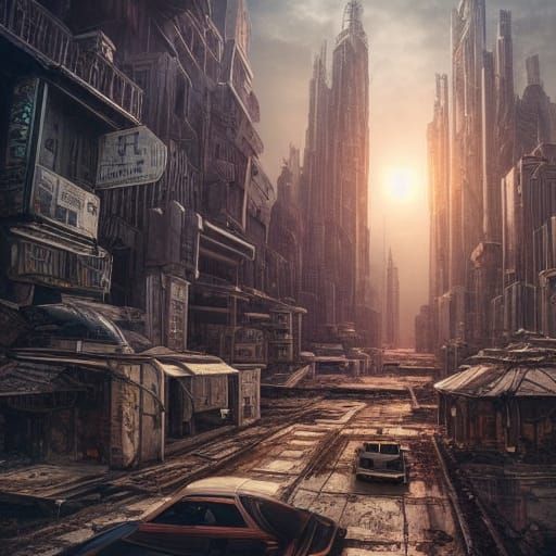 Retrofuturistic Abandoned City in Digital Matte Painting