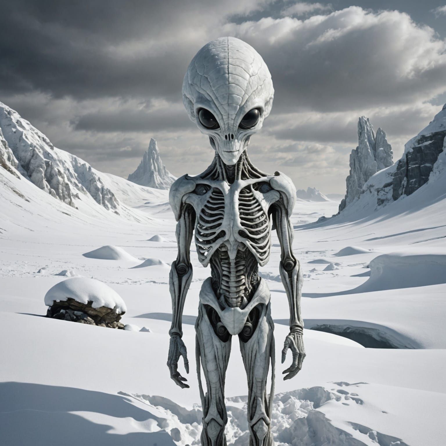 Cosmic Travelers in Alien Snow Landscape