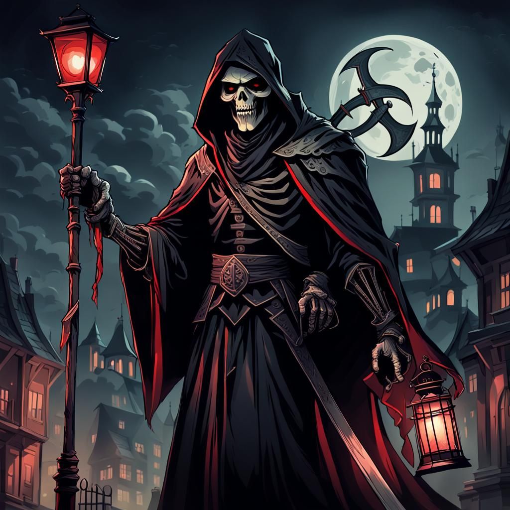 Grim Reaper in Cityscape with Scythe and Lantern