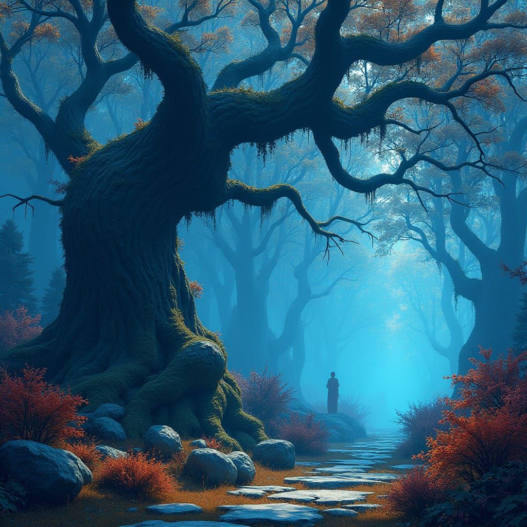 Blue Moss on Cypress Tree in Matte Painting Style