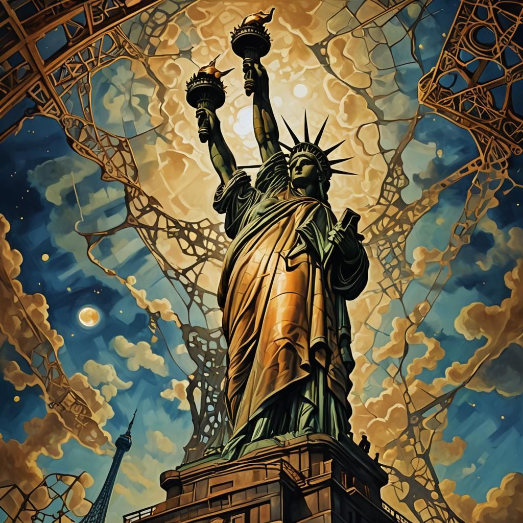 Statue of Liberty Climbs Eiffel Tower in Surrealist Style