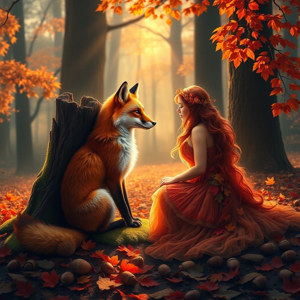 Autumn Goddess and Fox in Enchanted Forest